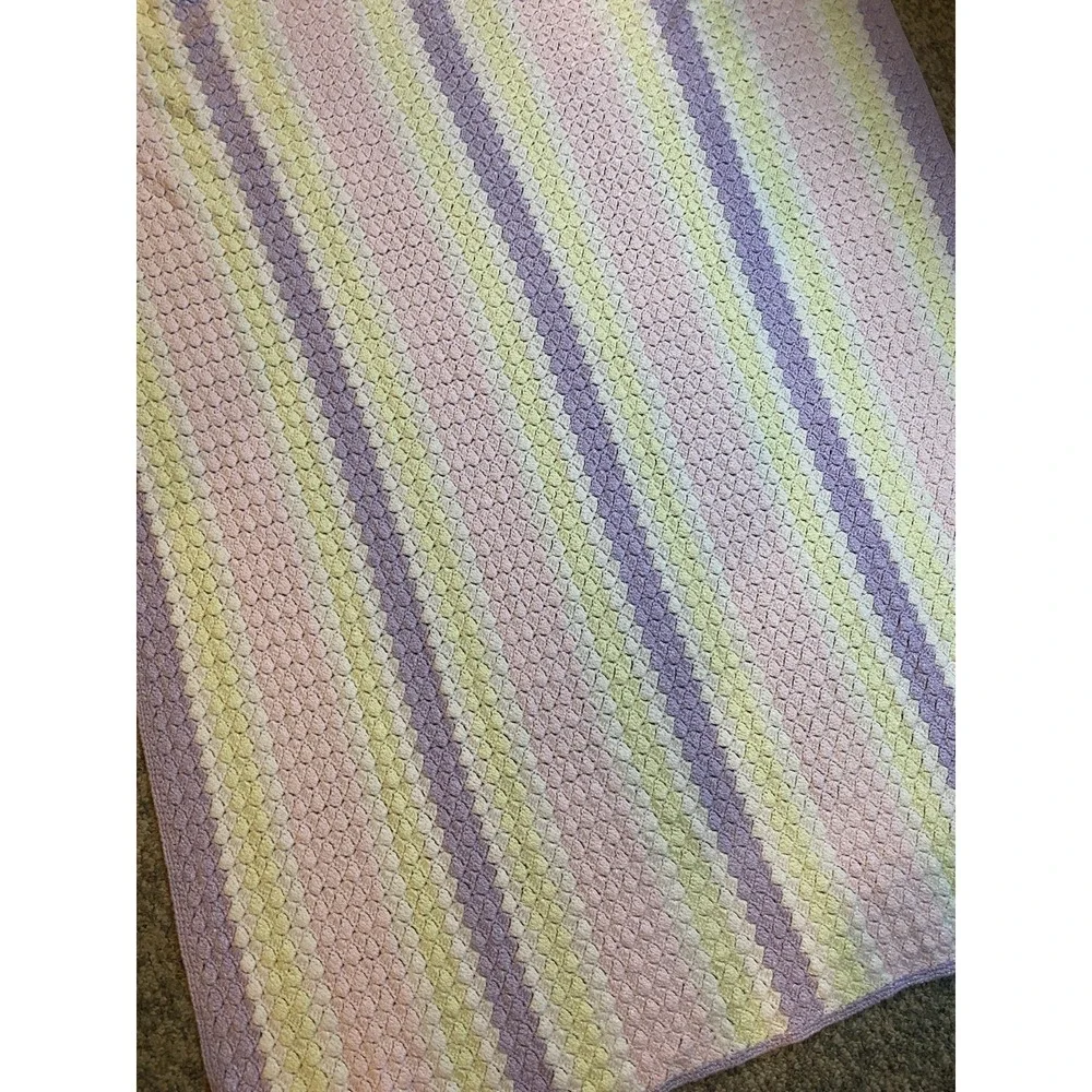 Handmade‎ Knit Pink Purple Yellow Blanket 55